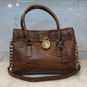 Michael Kors Bag Purse Handbag Croc Embossed Leather Brown Hamilton Tote Bag